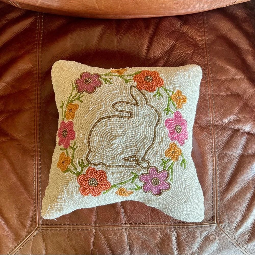 Beaded Bunny and Floral Wreath Accent Pillow
